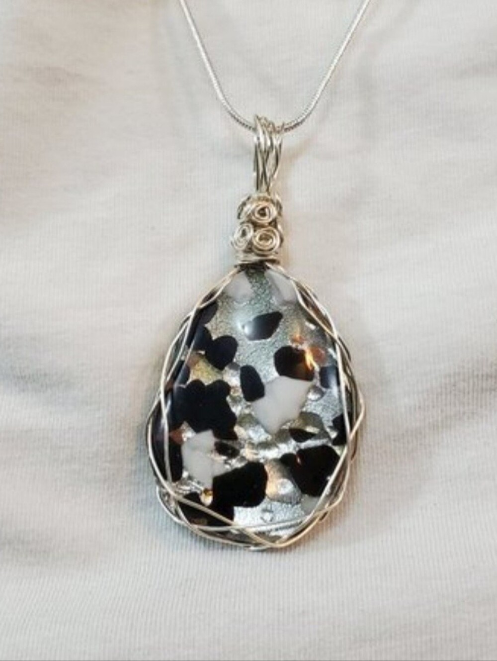 Black And White Glass Foil Wire Wrapped Pendant Artesian Made